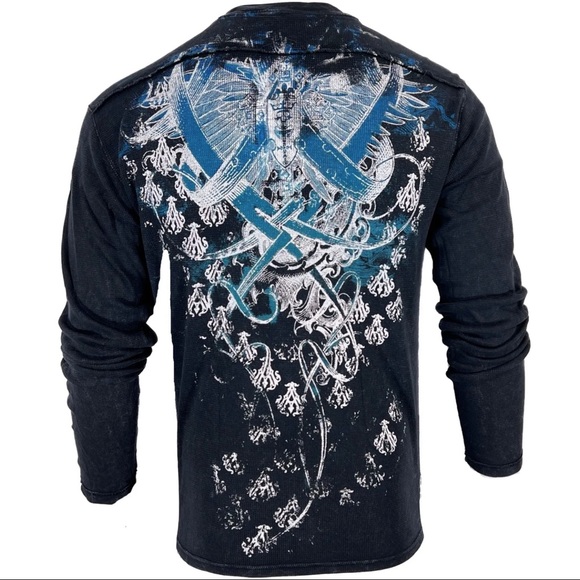Archaic by Affliction Men's Thermal Shirt WOODCUTS Black Biker - Picture 3 of 6